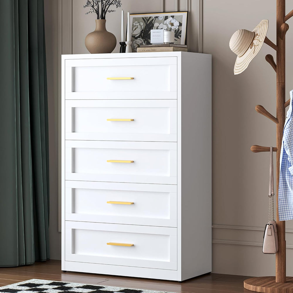 LCAOPC White Metal Dresser with 5 Spacious Drawers, Modern Chest of Drawers w...