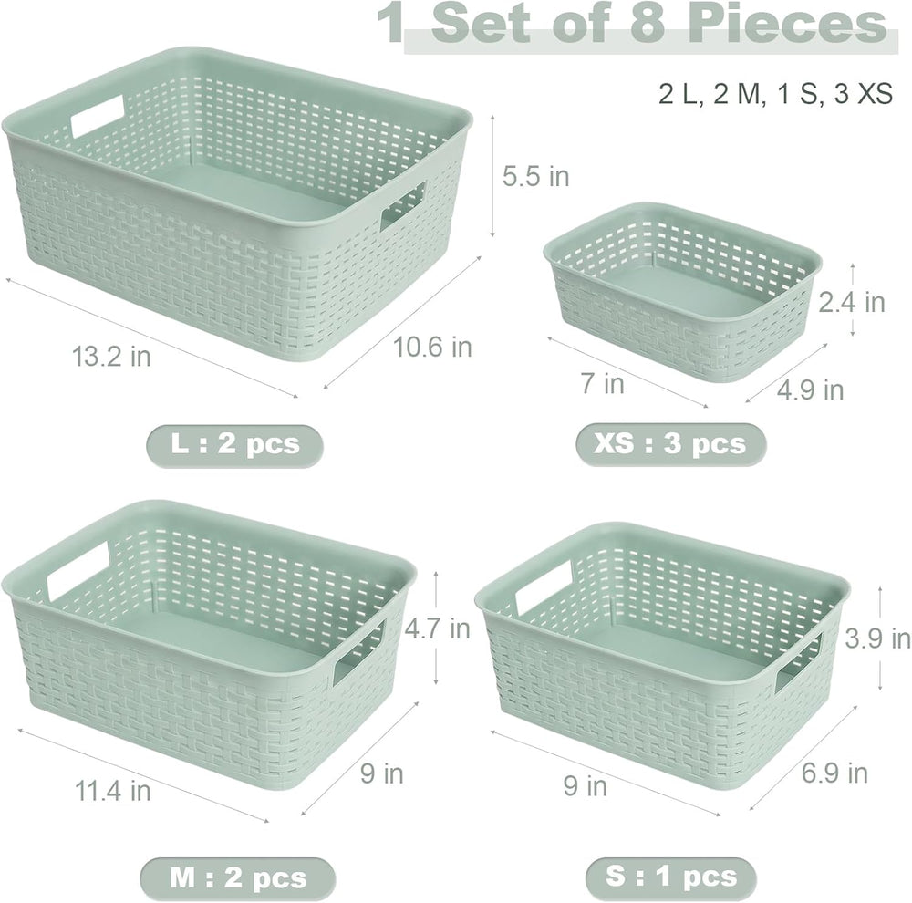 8 Pcs Plastic Storage Basket for Closet, Kitchen, Bathroom (Green,2L+2M+1S+3XS)
