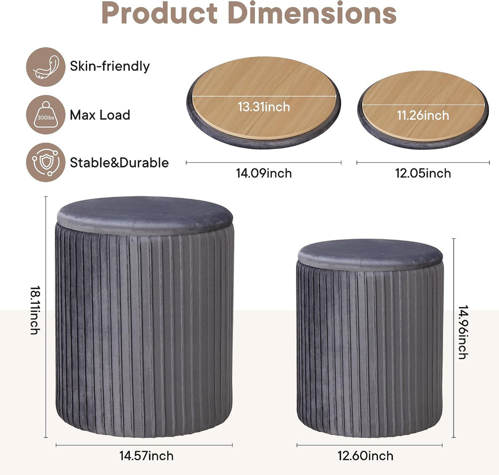 DUMOS Round Ottomans with Storage Set of 2, Vanity Stool, Foot Stool