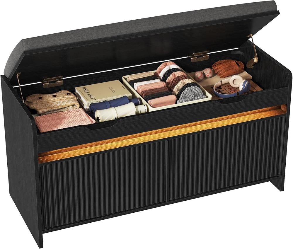 HOMEFORT Shoe Storage Bench, Modern Entryway Bench with Fluted Doors & Bu...