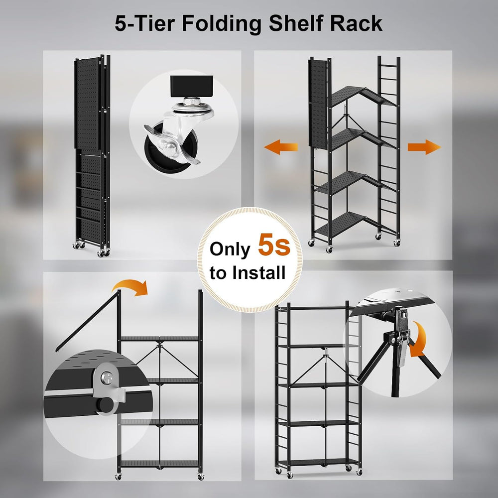 Himix 5-Tier Foldable Storage Shelves with 20 Hooks Wheels Kitchen Black