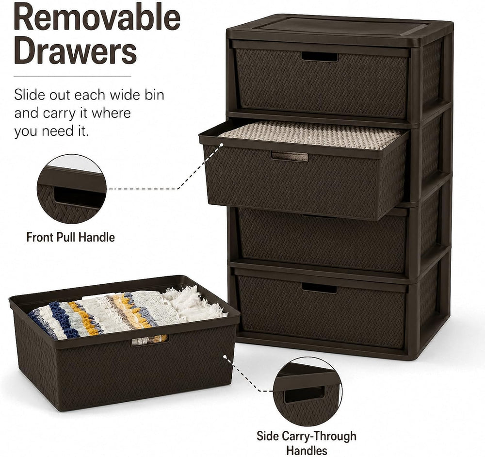 4-Drawer Plastic Storage Tower, Wide Bedroom Closet Storage Chest, Brown