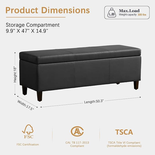 HUIMO Faux Leather Storage Ottoman Bench 50.3 Inch Extra Long PU Upholstered - Image 2