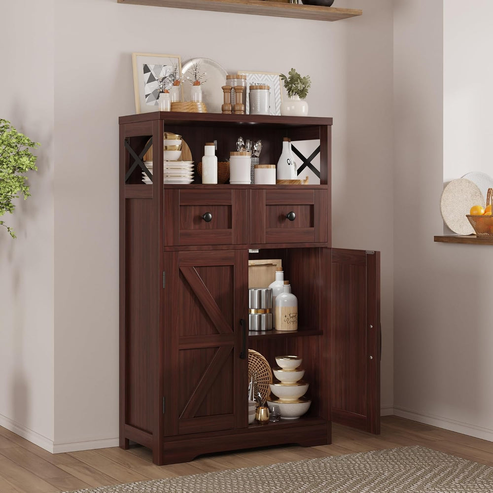 Dark Brown Farmhouse Storage Cabinet with Doors and Drawers, Small Pantry