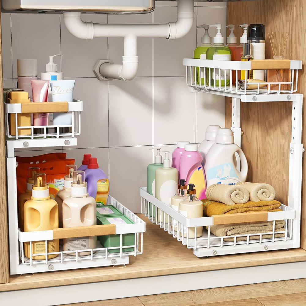 PXRACK Under Sink Organizer, Adjustable Height, 2 Tier Pull Out Under Cabinet...