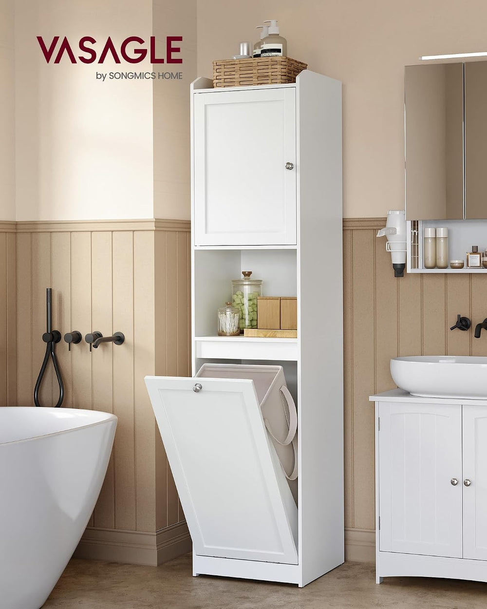 VASAGLE Tall Storage Cabinet, with Removable Laundry Basket, Cloud White