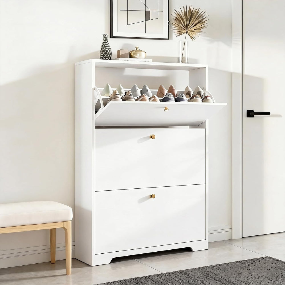 Nicetree Shoe Storage Cabinet with 3 Flip Drawer, Narrow Slim 3-Tier Shoe Org...