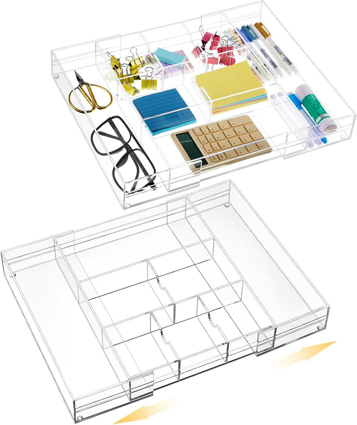 Briwooody 2 Pcs Acrylic Desk Drawer Organizer Maximum 12 x 18 x 2.1 Inch Expandable Drawer Organizer Trays with 8 Adjustable Compartments Desk Accessories for Makeup Silverware Office Bathroom