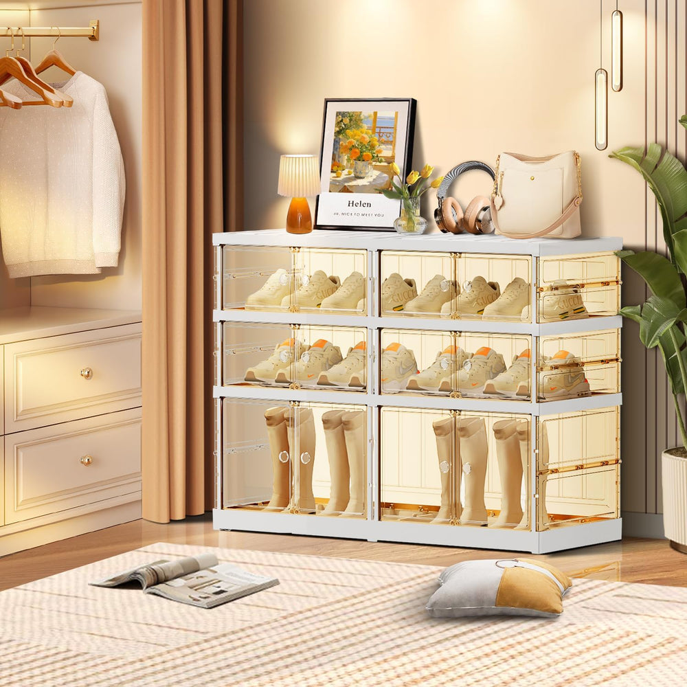 CIMLORD 3-Tier Foldable Shoe Organizer, Magnetic Doors, 6-12 Pairs, White