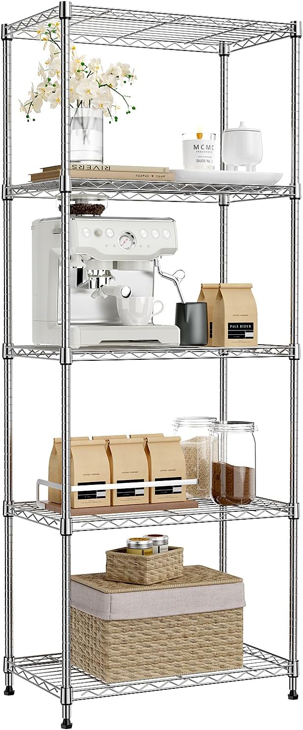 IZEUK 5-Tier Chrome Metal Storage Shelves, Adjustable Wire Shelving Unit for ...