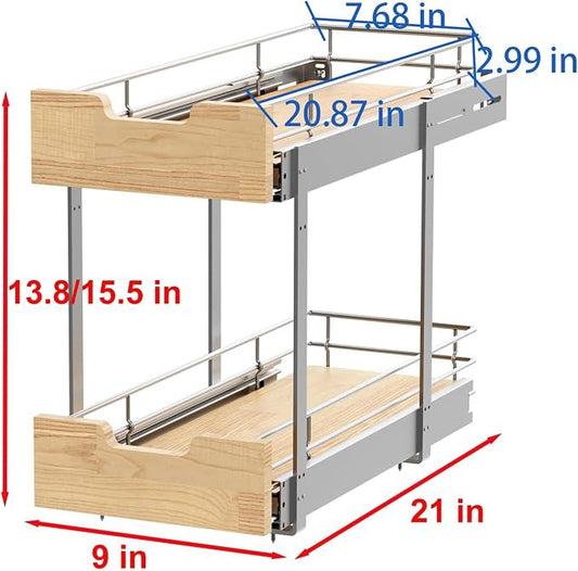 Pull Out Cabinet Organizer, Heavy-Duty Slide Out Shelf, Wood and Wire Basket - Image 2