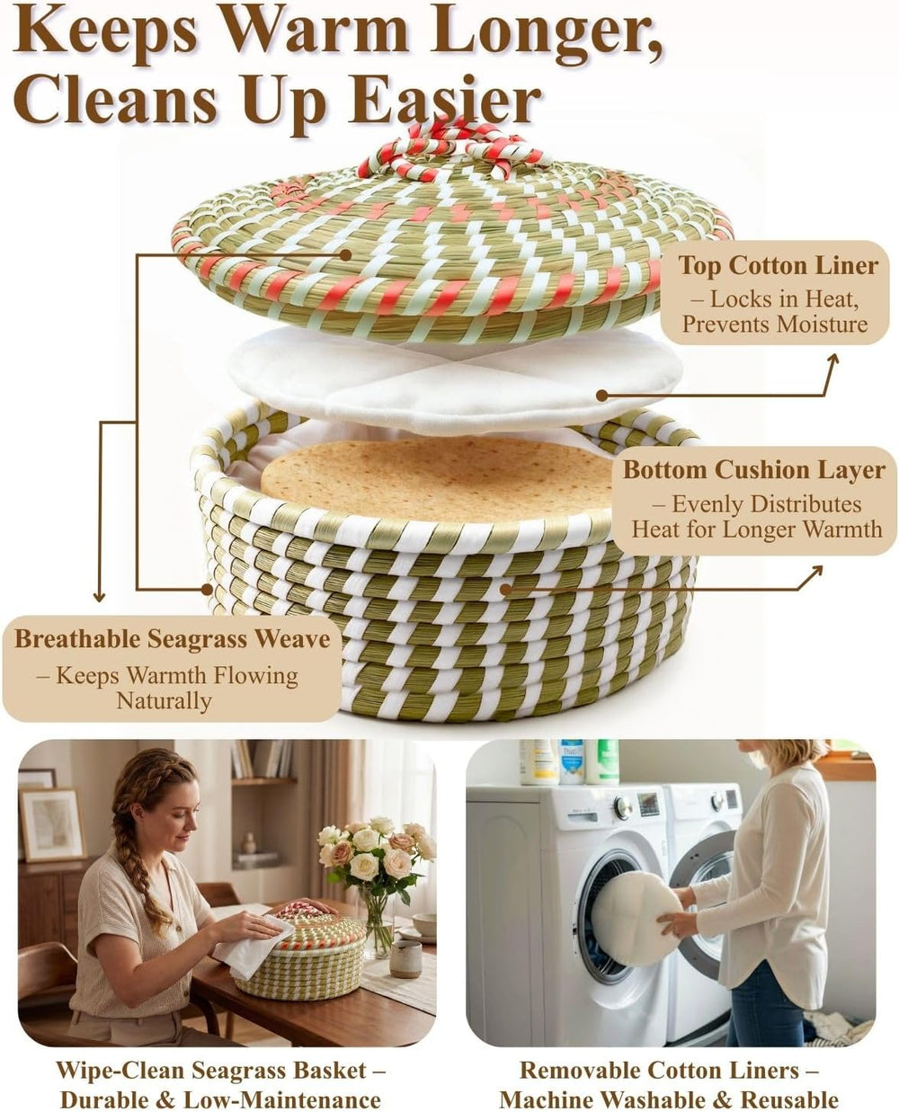 Handwoven Seagrass Tortilla Warmer Basket with Lid, 9.6" Breathable Natu...