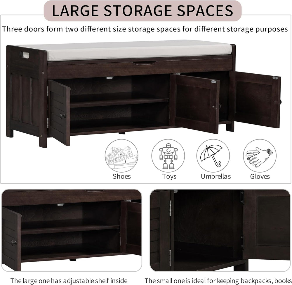 Shoe Storage Bench with 3 Shutter-Shaped Doors, Pine Wood Shoe Bench with Rem...