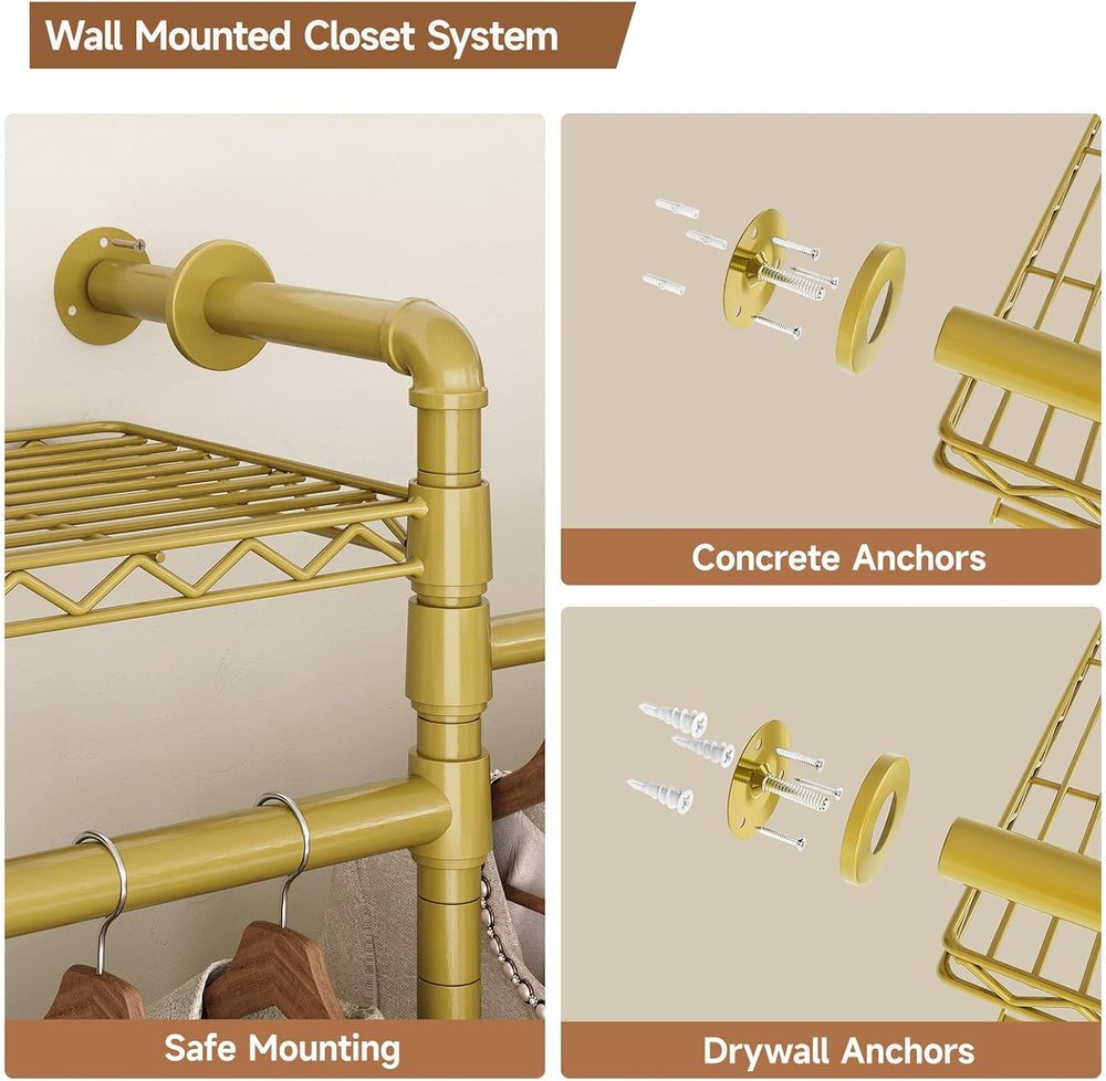 ComfyCorner Wall Mounted Garment Rack, Industrial Pipe Clothing Rack Gold