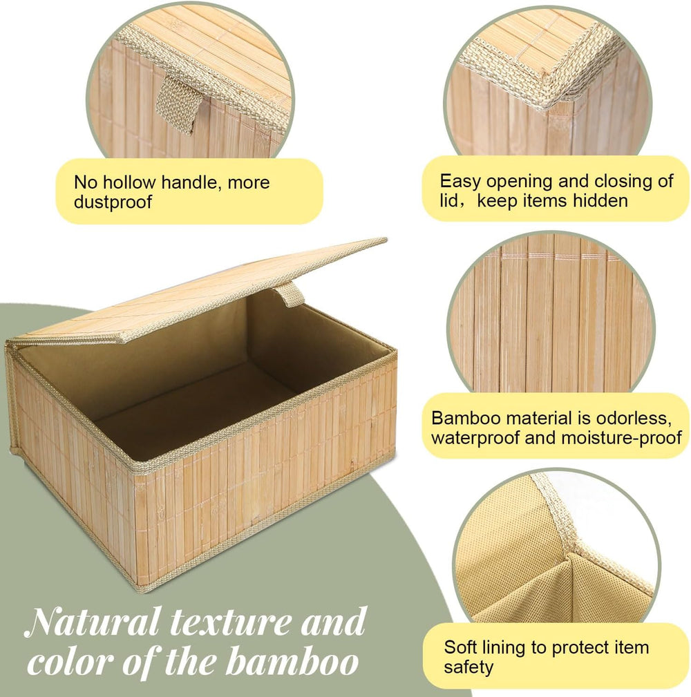 Bamboo Storage Basket with Lid, Stackable Set of 4