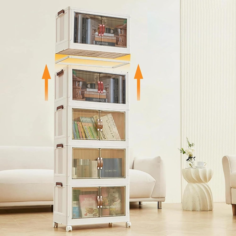 5 Tier Plastic Stackable Storage Bins and Boxes Organizer, Foldable Container...