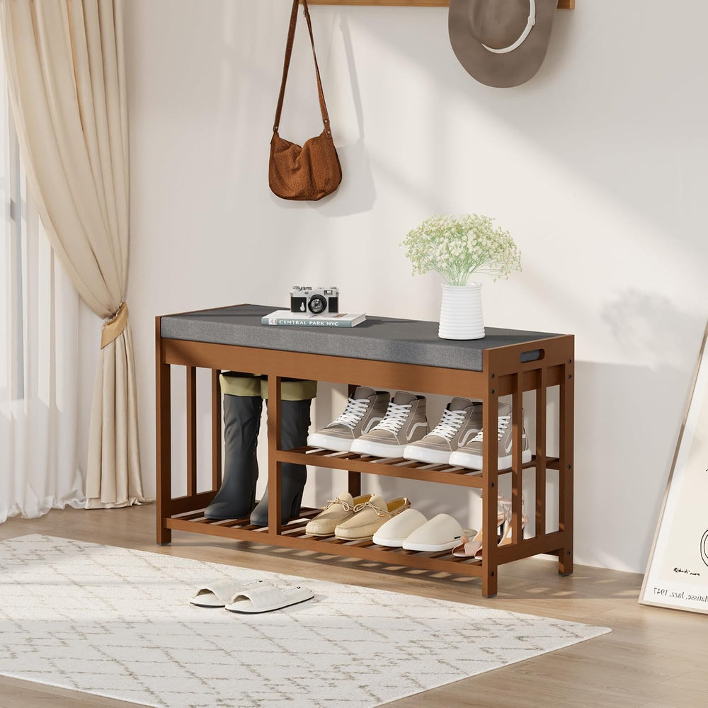 Shoe Rack Bench for Entryway, Bamboo Shoe Storage Bench with Cushion