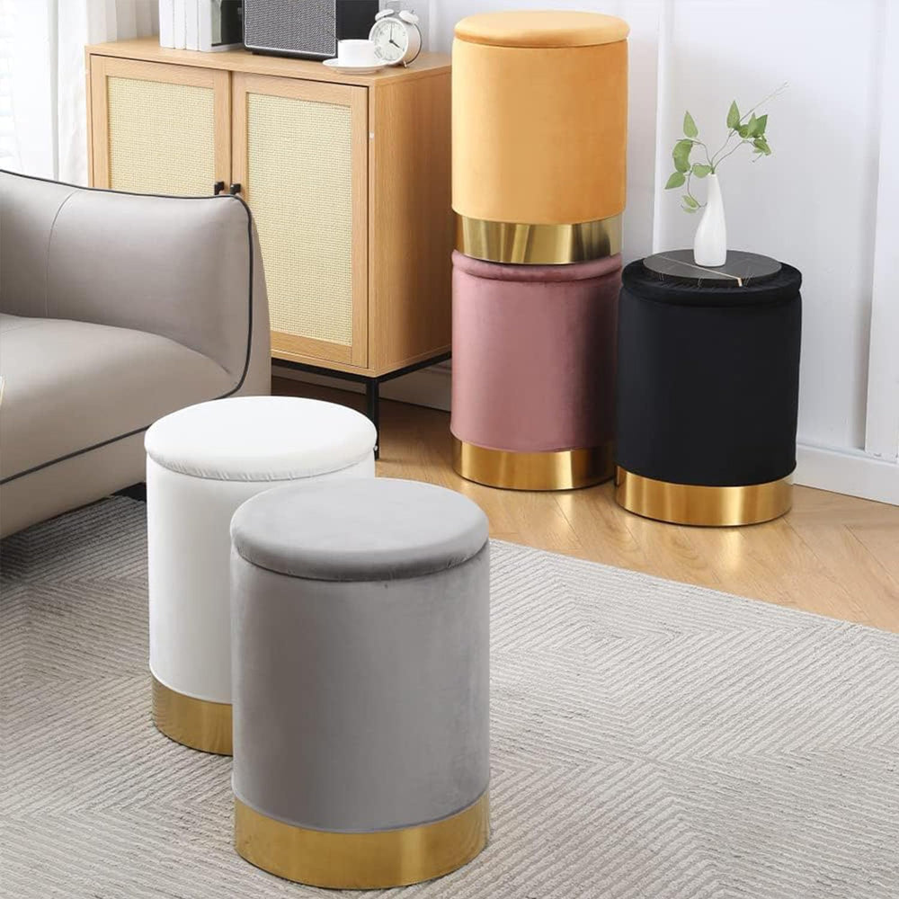 Velvet Storage Ottoman Multipurpose Footrest Stool with Metal Base Modern Rou...
