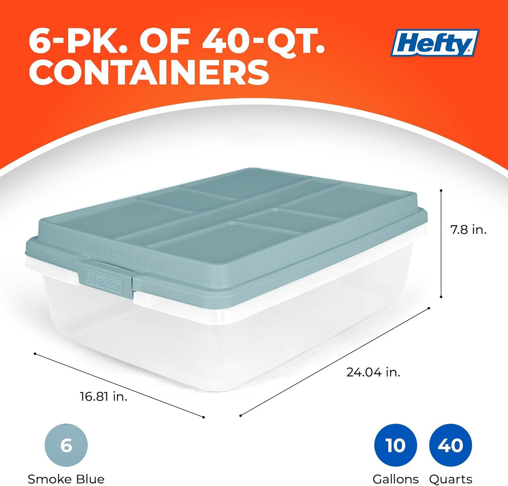 Hefty Hi-Rise Storage Bin with Lid, 40 Quart, Smoke Blue, 6 Pack