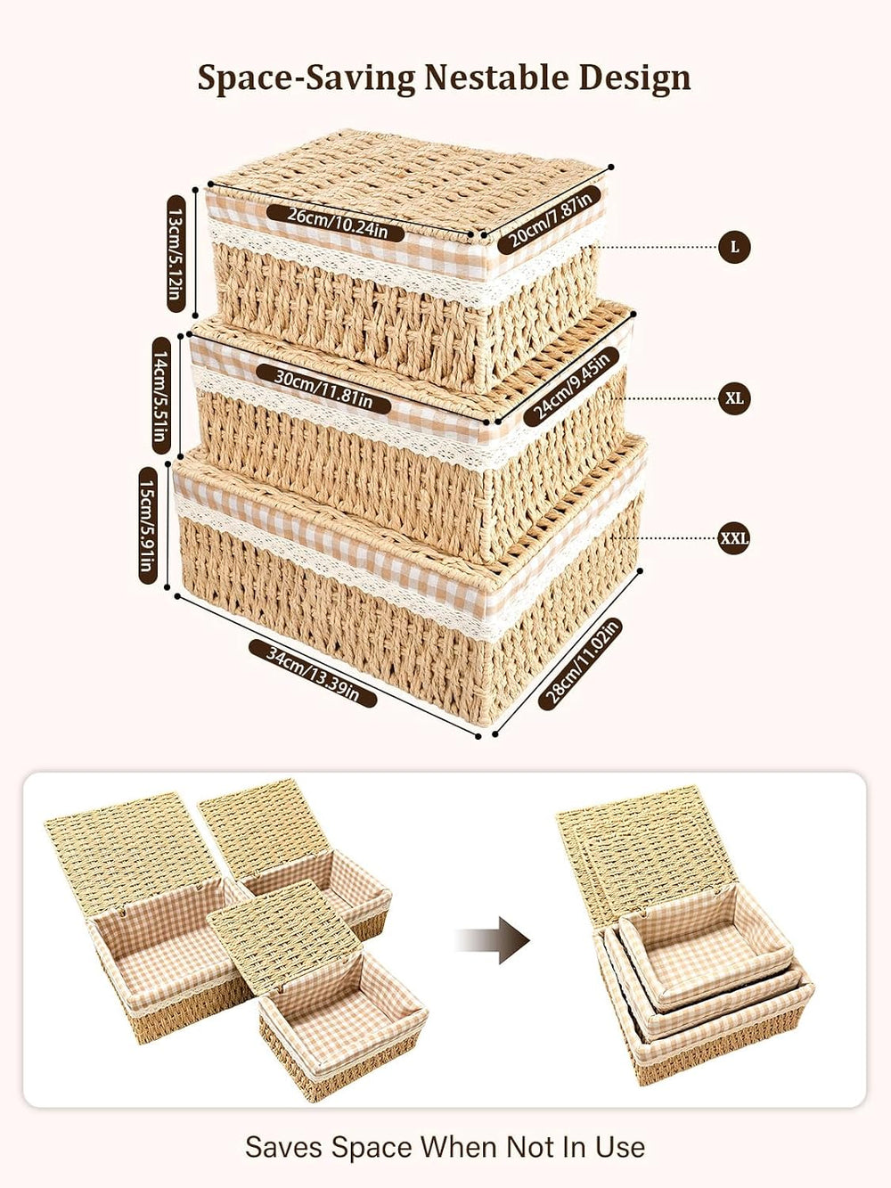 Set of 3 Wicker Storage Baskets with Lid and Liner Woven Storage Bins