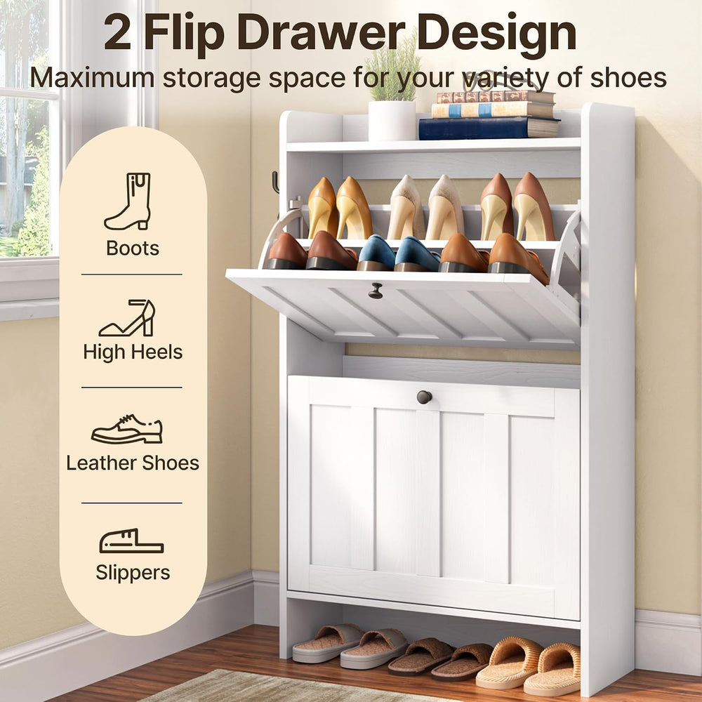 Gizoon Shoe Cabinet with 2 Flip Drawers, White