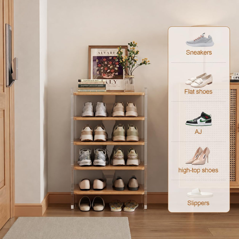 5-Tier Shoe Rack, Wood Acrylic Shoe Shelf, Natural, 18.9" W