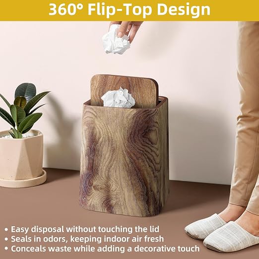 Wood Grain Plastic Trash Can Swing Top Lid, 4Gal/15L Farmhouse Wastebasket Bin - Image 2