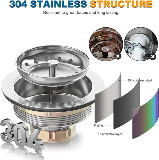 BOTEMY Stainless Steel Sink Drain Strainer Kit 3-1/2 inch Kitchen Drain Assembly - Image 2