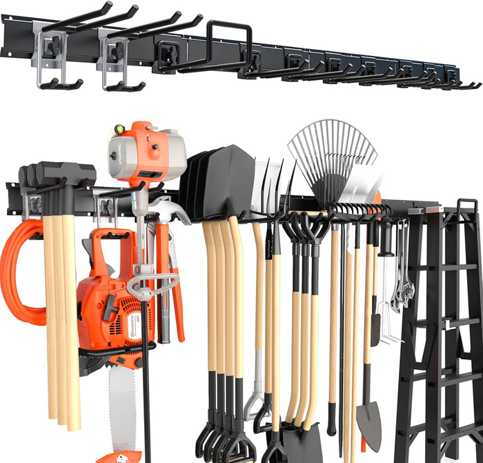 64'' Garage Tool Organizer Wall Mount, 620lbs Heavy Duty Metal Storage Rack | Adjustable Hooks Garden Tool Organization System | Anti-Rust Shed Rack for Hanging Shovel, Rake, Broom, Snowboard