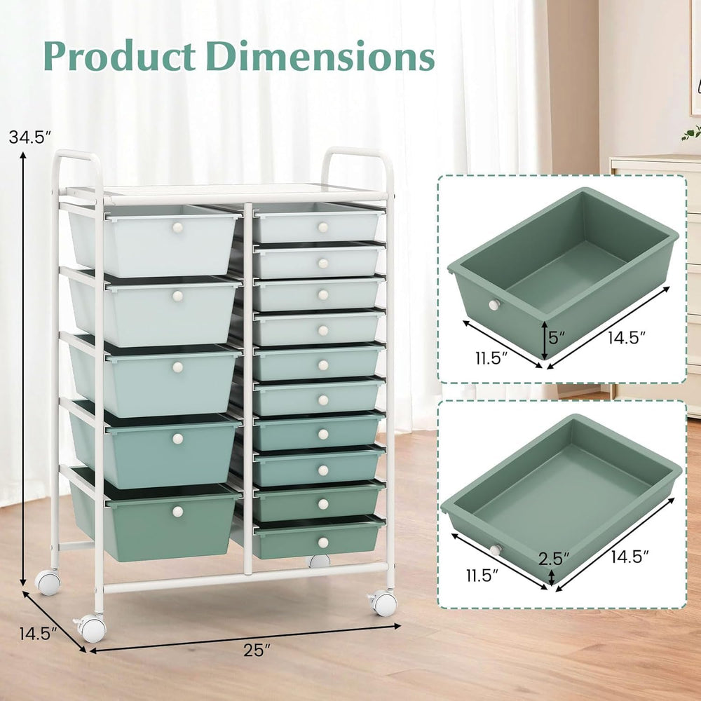 LDAILY 15 Drawer Rolling Storage Cart, Rolling Cart with Drawers for Classroo...