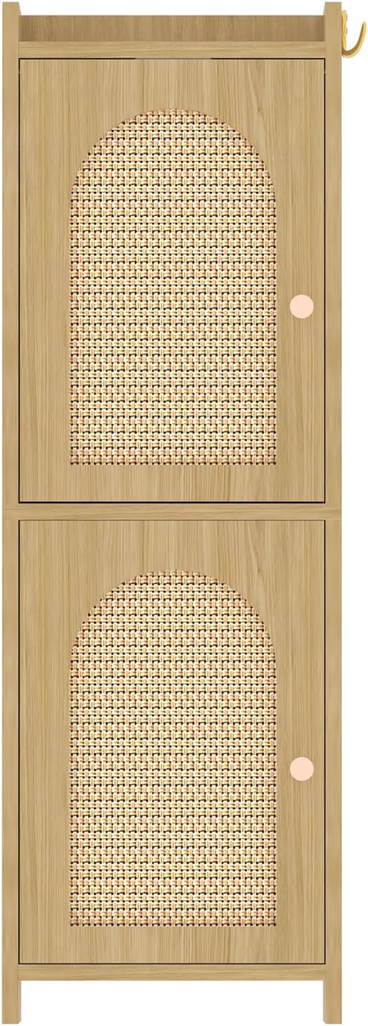 Rattan Bathroom Small Storage Cabinet with 2 Doors and Adjustable Shelf Oak