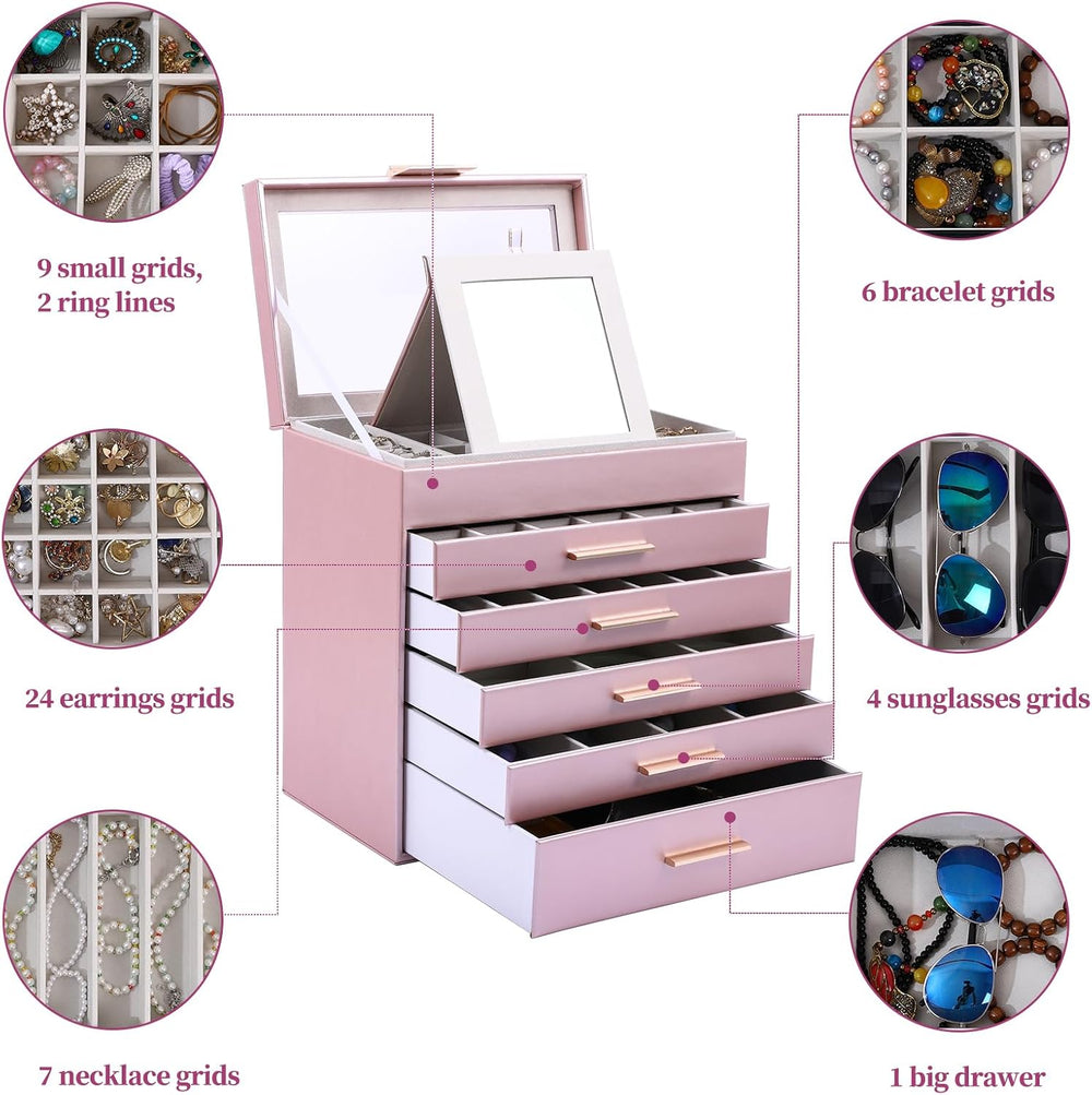 BOOVO Jewelry Boxes for Women, White and Black 6 Layer Large Jewelry Box for ...