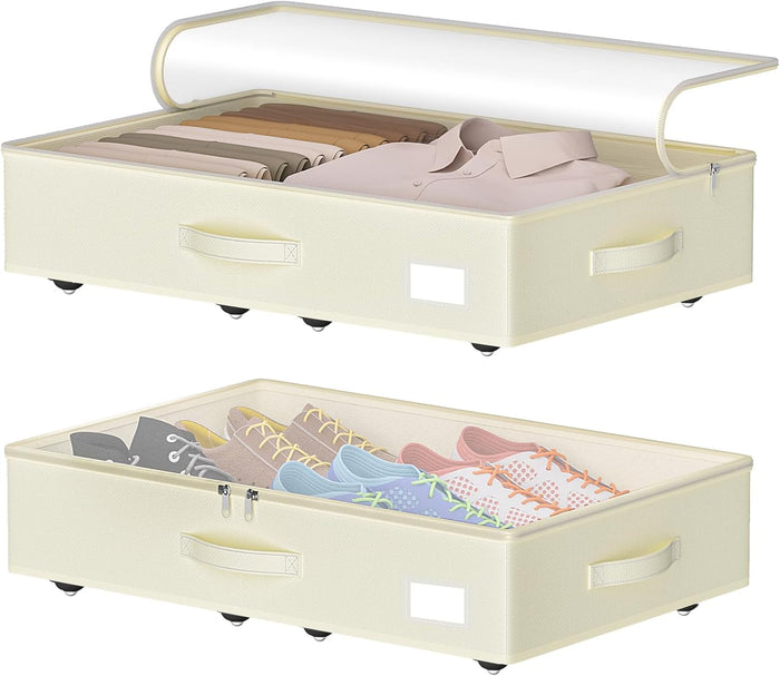 EE-RoomWorld Under Bed Storage with Wheels, No Assemble Required 5.5 inches height beige under bed storage bins,Low Profile Rolling Underbed Shoe Storage containers,dorm underbed storage drawers