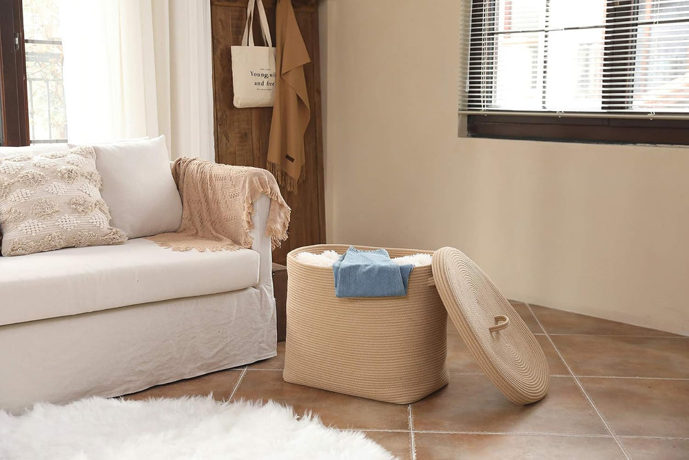 22x14x18 Inch Extra Large Rectangular Rope Basket with Lid, Decorative Blanke...