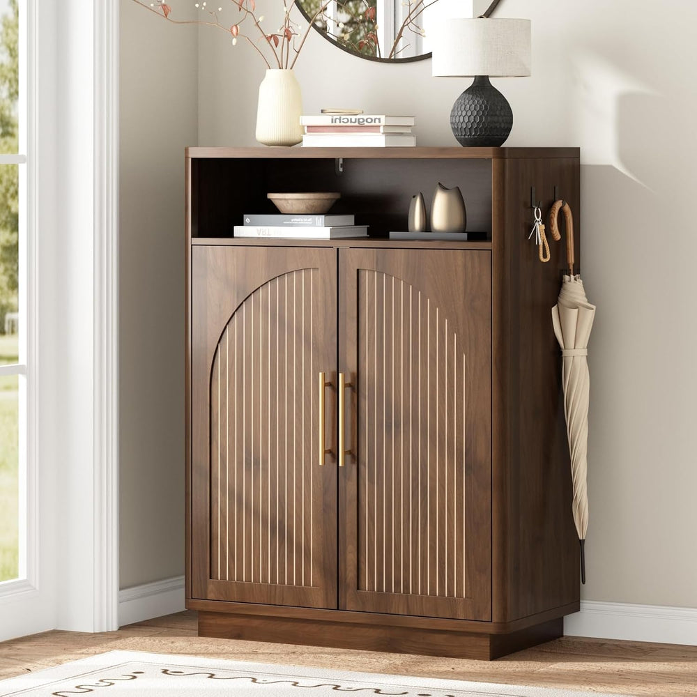Fluted Shoe Storage Cabinet with 2 Arch Doors, 43" Tall Wood Cabinet