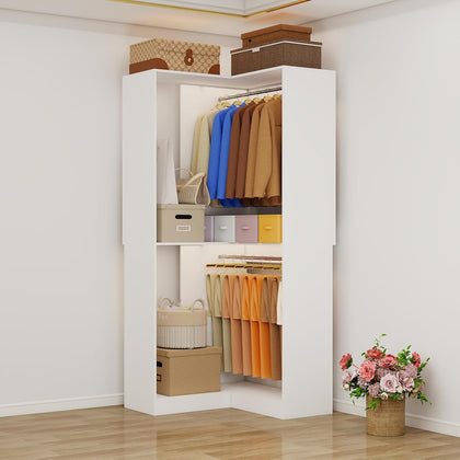 Corner Closet System with 3 Hanging Rods, Freestanding Closet Organizer Storage System L Shaped U Shaped Walk in Modular Closet, White