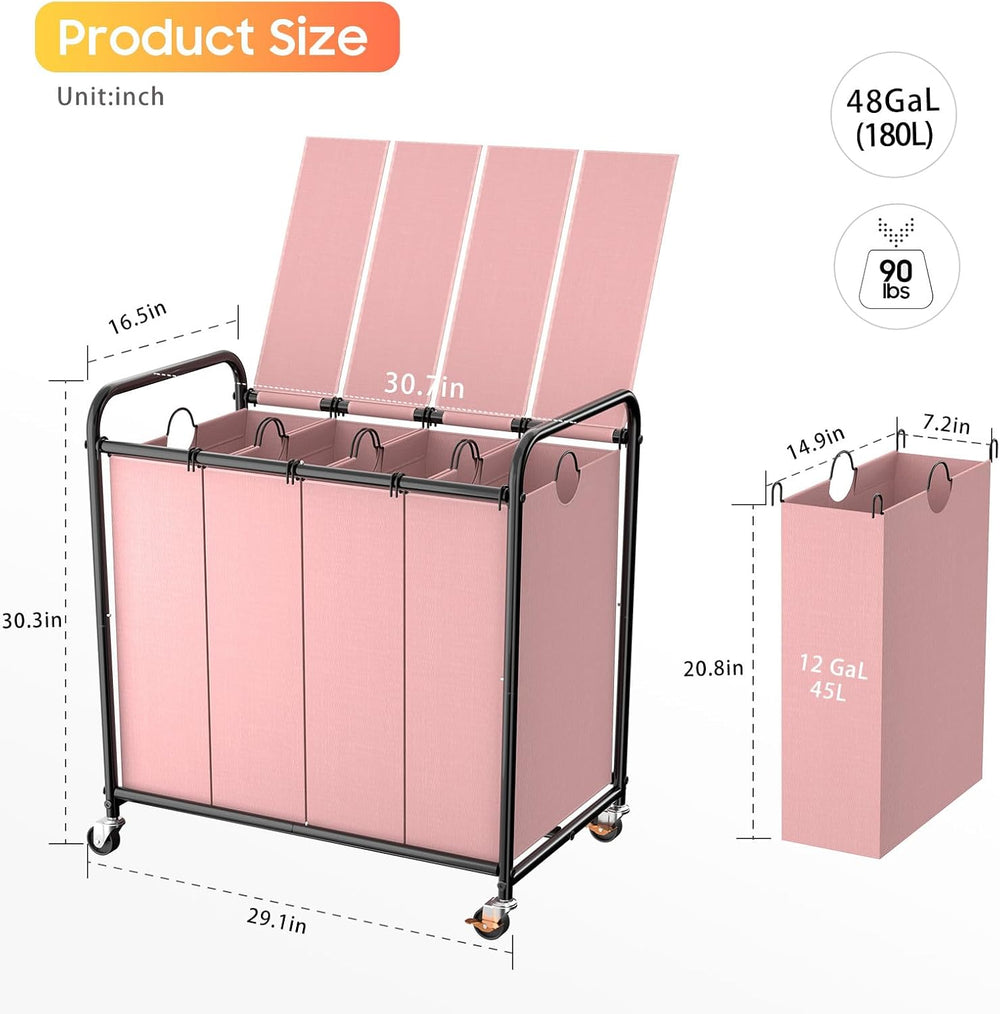 Laundry Sorter 4 Sections 48 Gal, Rolling Laundry Basket with Wheels & Lid