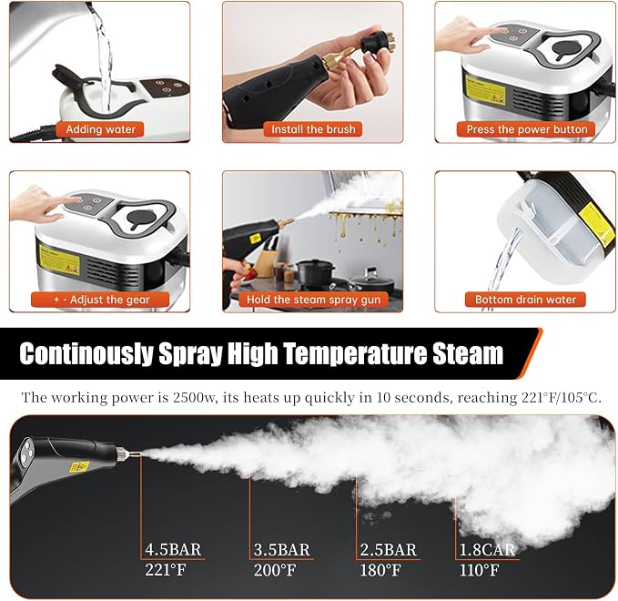 High Pressure Steam Cleaner, 2500W Portable High Temp Bathroom Power Steamer - Image 9