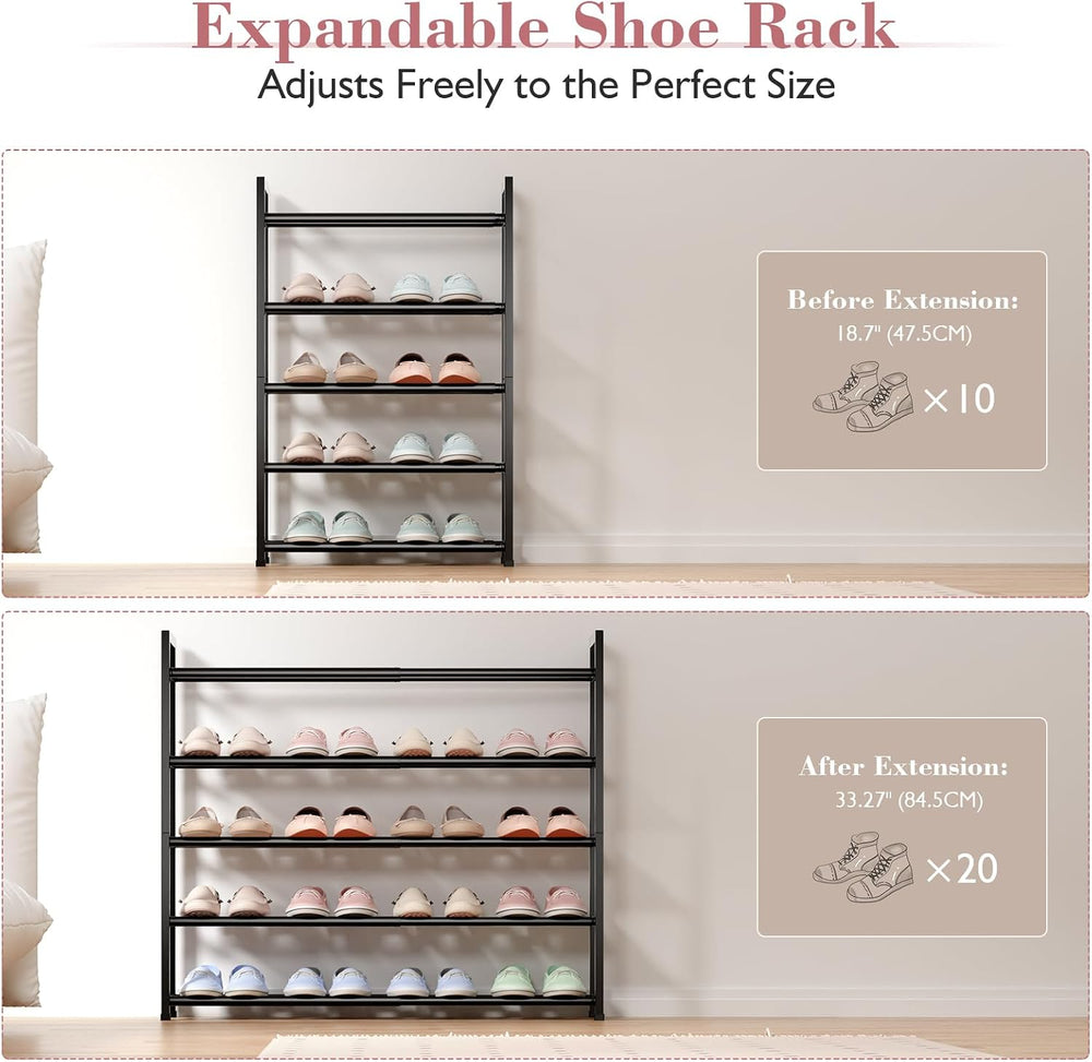 Bumusty 5 Tier Expandable Shoe Rack for Closet, Black