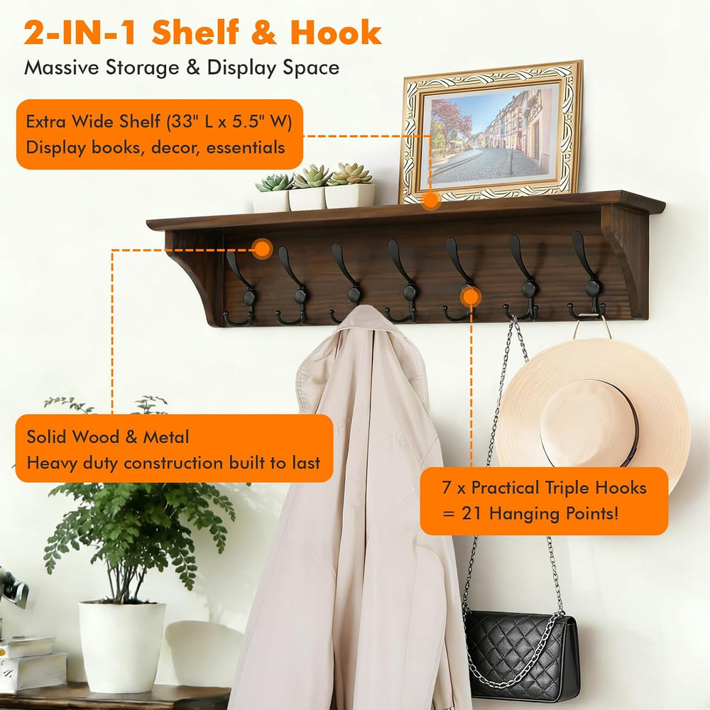 33" Coat Rack with Shelf Wall Mount, Pre-Assembled Solid Wood Coat Hooks...