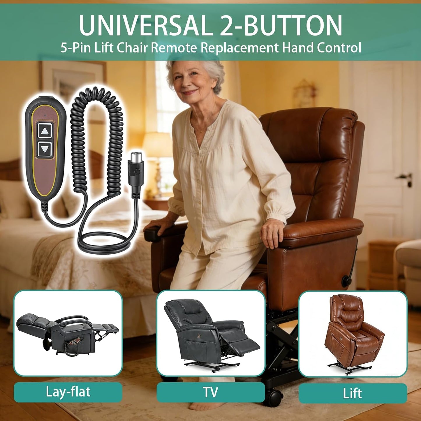 2 Button 5 Pin ZK1200-HC Lift Chair Remote Replacement for Golden, Backlight Hand Control with USB Port for Charging, Fits for Limoss, Kaidi Motors Power Recliners