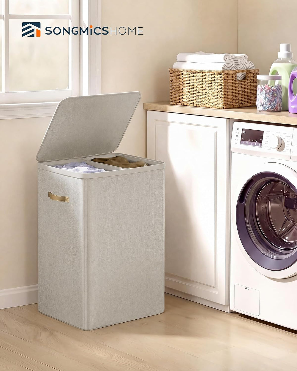 SONGMICS HOME Laundry Hamper with Lid, 2 Section Laundry Basket with Removabl...