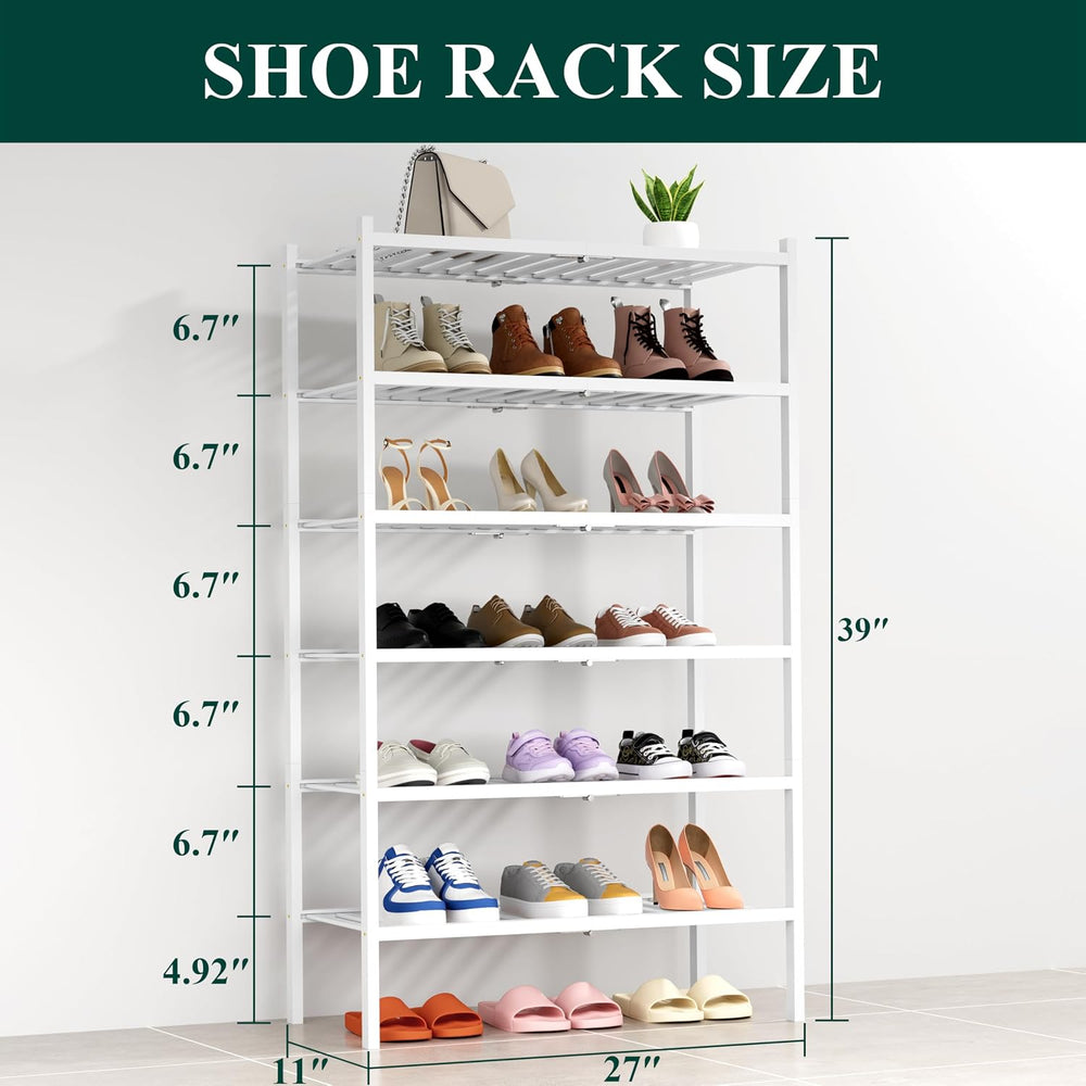 Smiry Bamboo Shoe Rack, 14 Vertical Slats, 6 Tier - 26.8" Wide, White