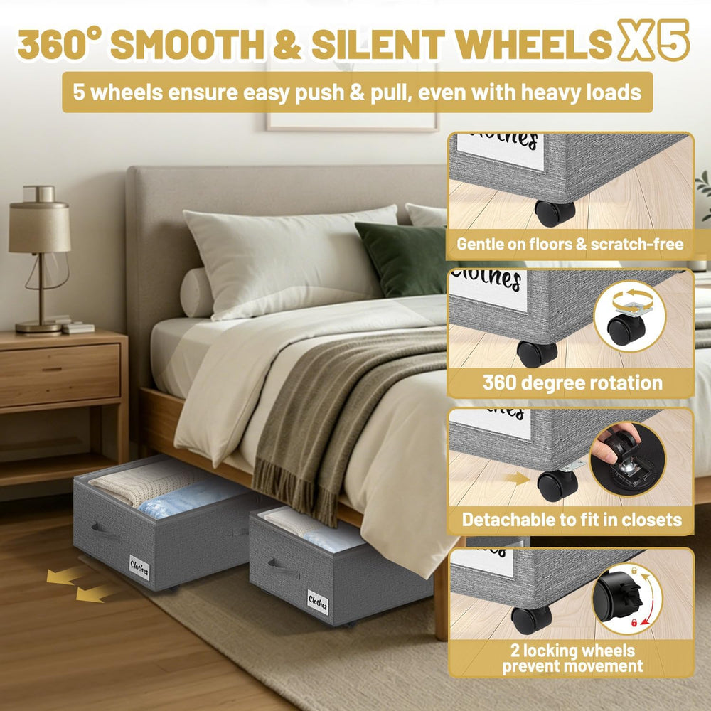 Under Bed Storage with Wheels, 2 Pack Underbed Storage Containers with Clear ...