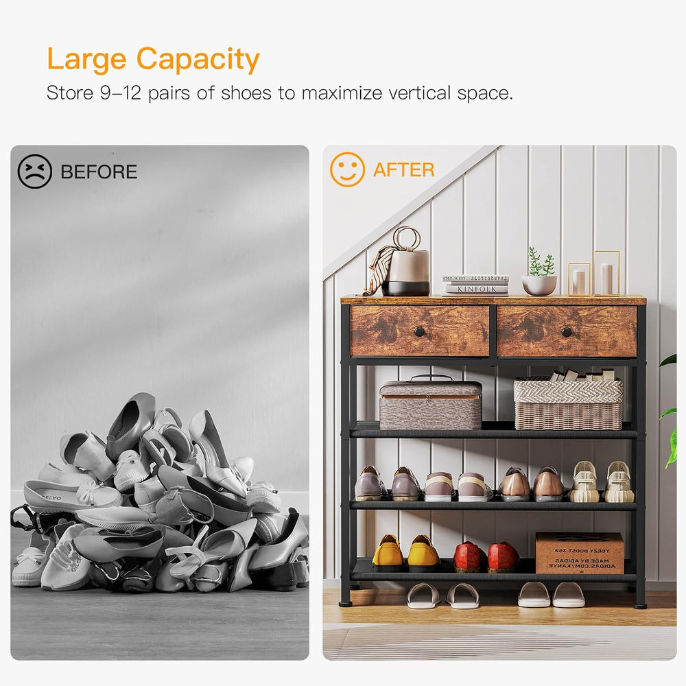 usikey Shoe Rack, 4 Tier Shoe Storage Organizer with 2 Drawers, Metal Shoe Sh...