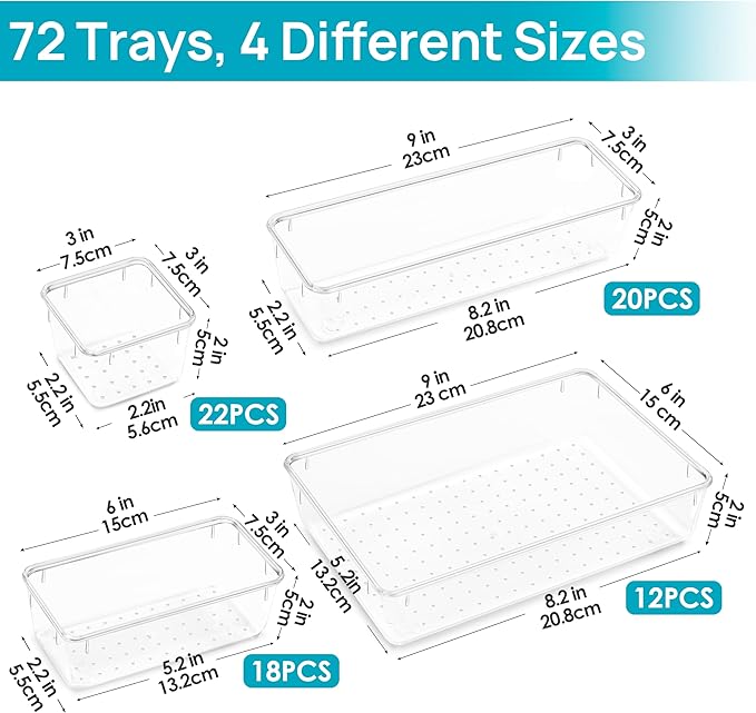 Vtopmart 72 PCS Clear Plastic Drawer Organizers Set, 4-Size Versatile Bathroom