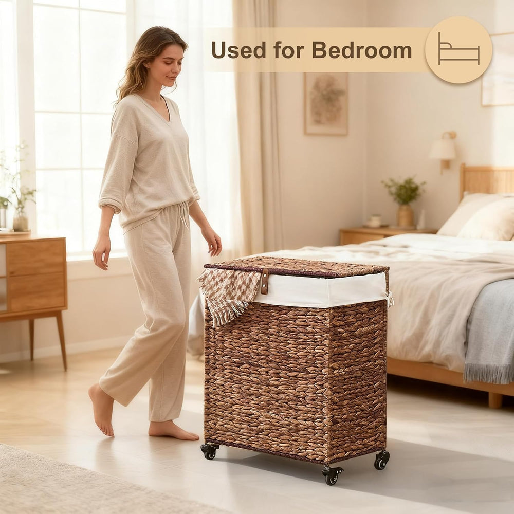 Handwoven Laundry Hamper with Wheels, Natural Water Hyacinth Rolling Laundry ...