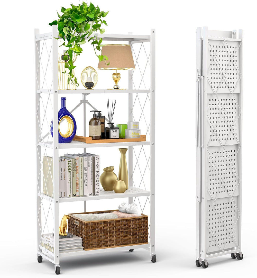 Our Modern Space 5-Tier Foldable Storage Shelf with Wheels | Metal Rack Colla...