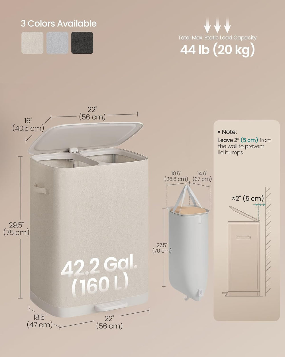 SONGMICS Laundry Hamper with Lid and Pedal, 160L Laundry Basket,2 Sections