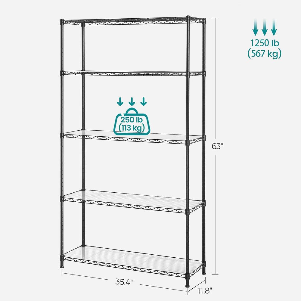 SONGMICS 5-Tier Storage Shelves, Adjustable Wire Shelving Unit, 8 Hooks